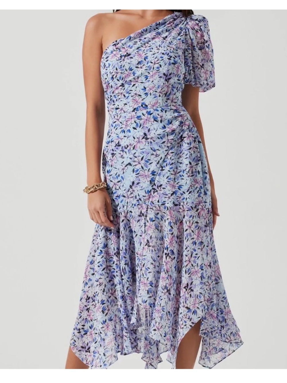 Astr the label santorini one shoulder midi dress blue purple floral size medium